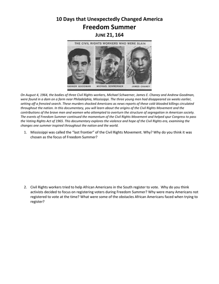 10 Days Freedom Summer - 10 Days That Unexpectedly Changed America Freedom Summer Worksheet
