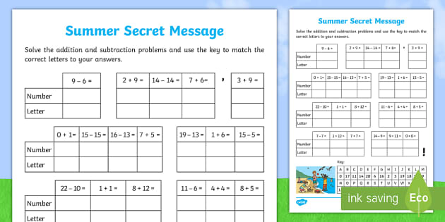 Addition And Subtraction Summer Secret Message Worksheet Worksheet - Summer Of Secrets Worksheet