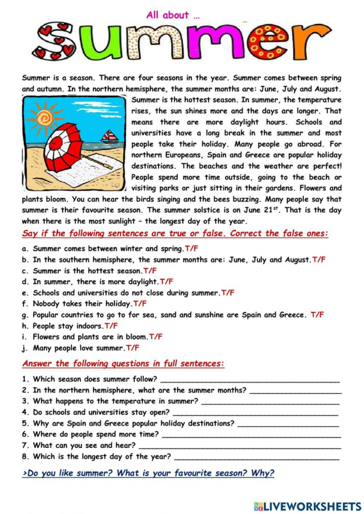 All about summer reading comprehension exercises 143050 Worksheet  - In Summer Worksheet Answers