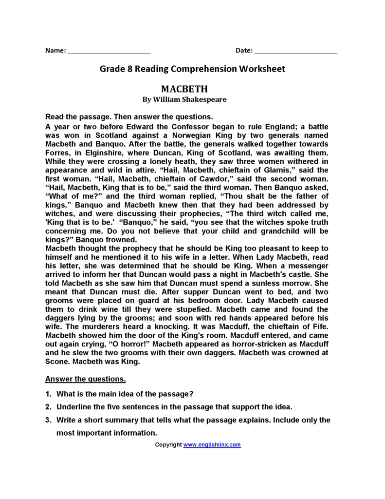 Eighth Grade Reading Comprehension Worksheet - 8Th Grade Summer Comprehension Free Printable Worksheets