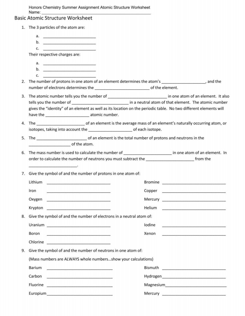Honors Chemistry Summer Assignment Atomic Structure Worksheet  - Honors Chemistry Summer Assignment Atomic Structure Worksheet Answer Key
