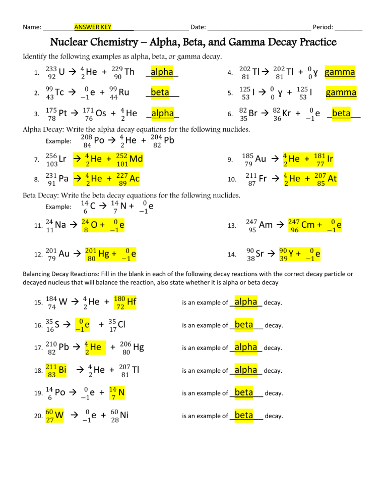 Nuclear Chemistry Practice 1 2 Sheet - Nuclear Chemistry Summer Practice Worksheet Answers