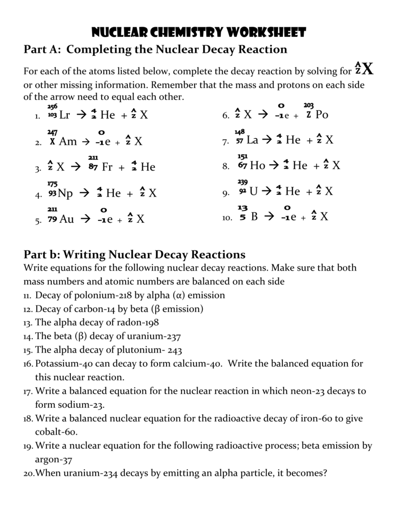 Nuclear Reactions Worksheet Answers - Nuclear Chemistry Summer Practice Worksheet Answers