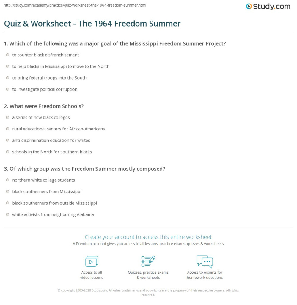 Quiz Worksheet The 1964 Freedom Summer Study - Freedom Summer 1964 Worksheet