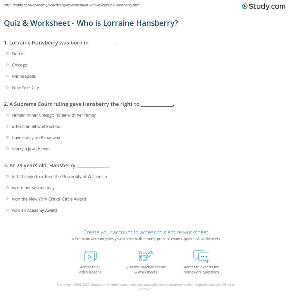 Quiz Worksheet Who Is Lorraine Hansberry Study - On Summer By Lorraine Hansberry Worksheet