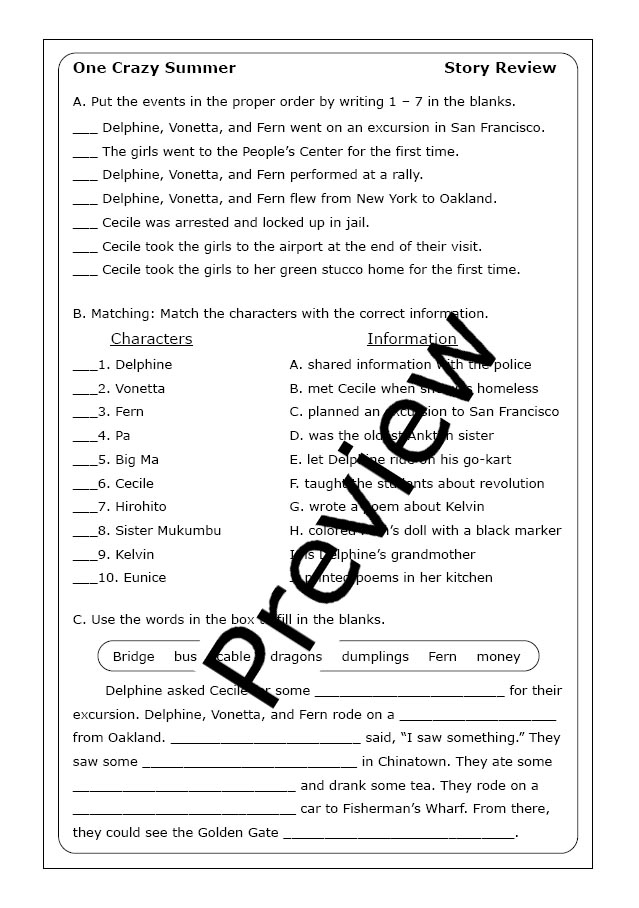 Rita Williams Garcia One Crazy Summer Worksheets Made By Teachers - One Crazy Summer Book Worksheets