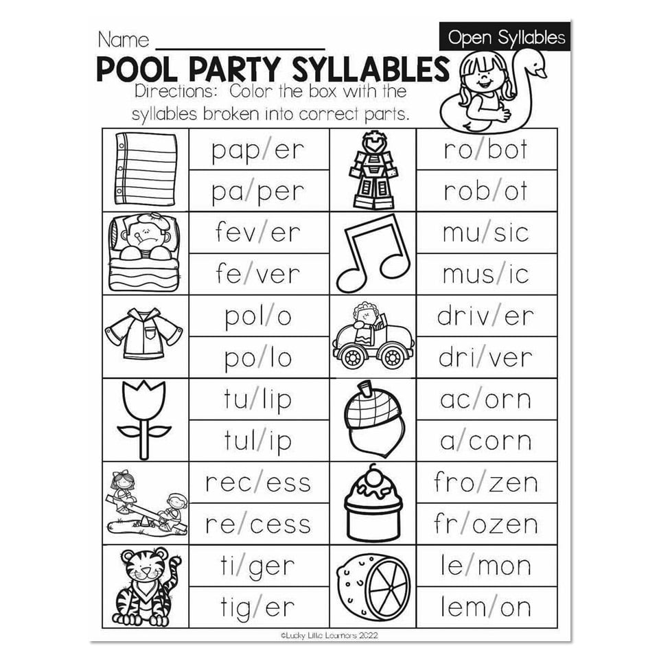 Summer Early Finishers 1st Grade ELA Open Syllables Pool  - Summer Syllable Worksheet