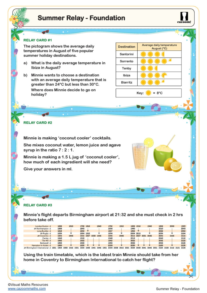 Summer Holidays Relay Foundation Worksheet PDF Printable Worksheet - Summer Holiday Maths Worksheets