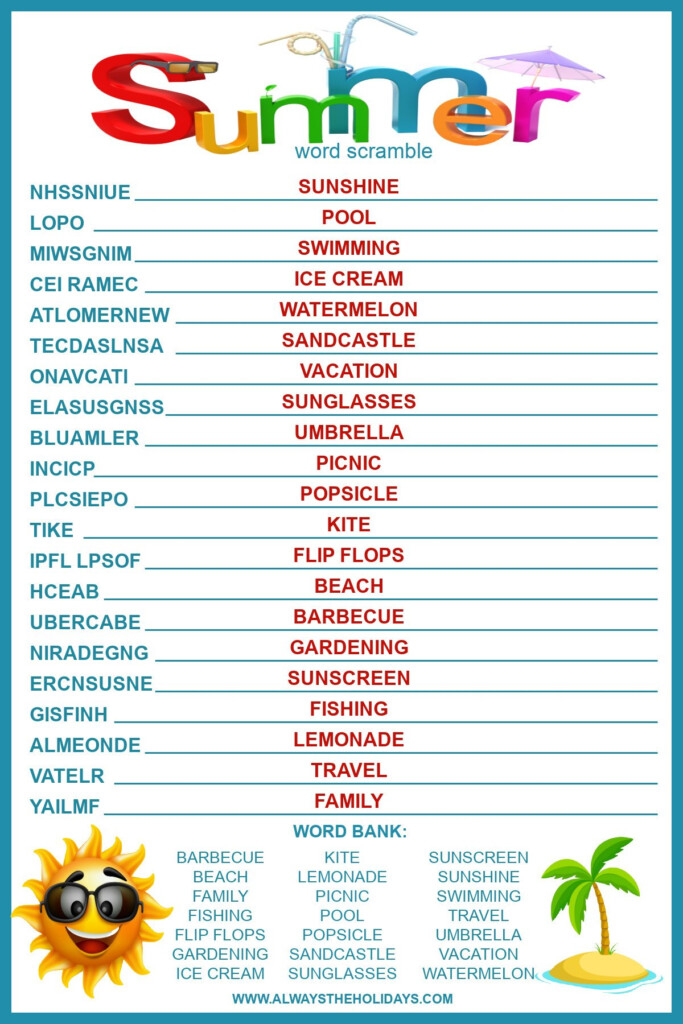 Summer Word Scramble With Answers Free Printable For Kids - Solve The Summer Playlist Worksheet Answer Key