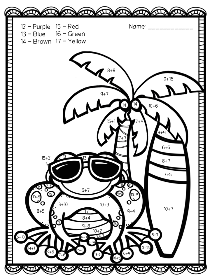 Surfing Into Summer Addition Color By Number Addition Coloring  - Addition Coloring Worksheets Summer