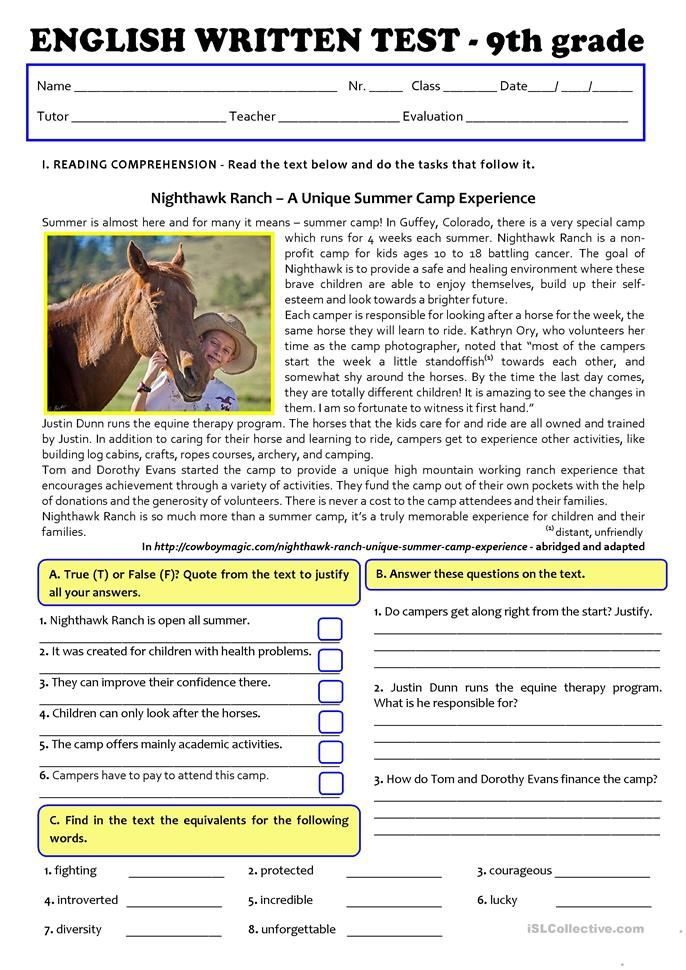 TEST A2 B1 SUMMER CAMPS Version A regular Students English  - Summer Champs Worksheet Answers