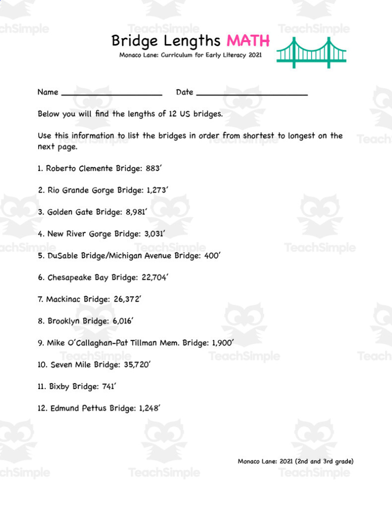 U S Bridge Lengths Math Worksheet By Teach Simple - 5Th Grade Summer Bridge Math Worksheets